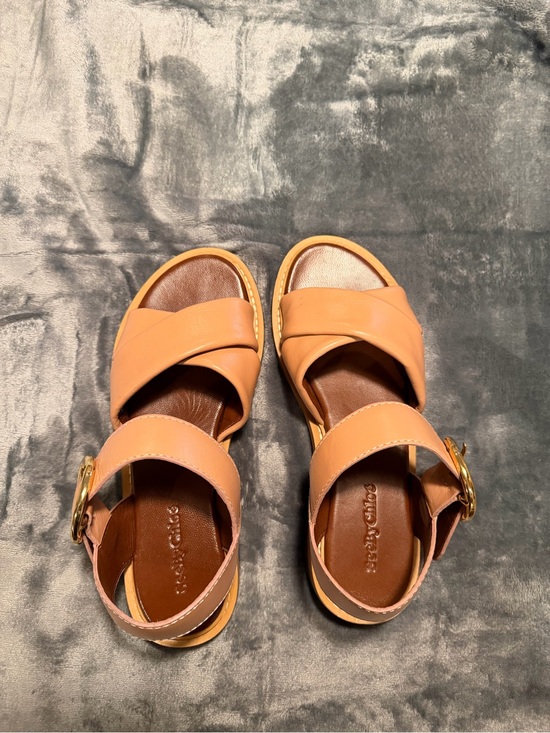 See By Chloé Caramel Tan Leather Flat Sandals Gold Buckle EU 38 / US 8 NEW main image 3